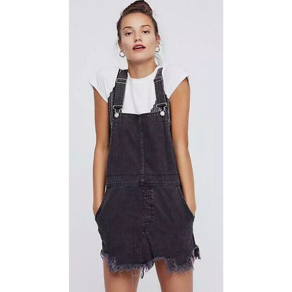 Free People Denim - Free People Torn Up Denim Cut Off Skirt Overalls Black Denim Jumper 6 / 28